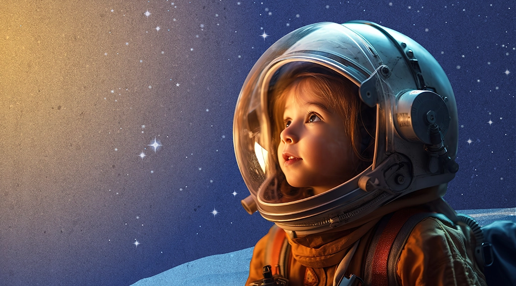 Ein Kind als Astronaut sieht Sterne im Weltraum