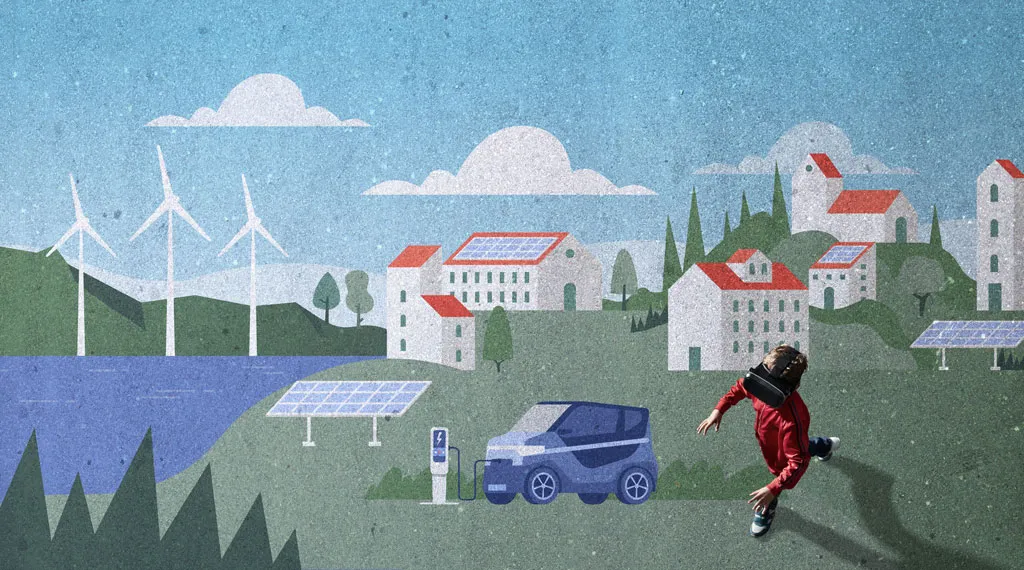 Illustration von nachhaltiger Energie mit Elektroauto und erneuerbaren Ressourcen.