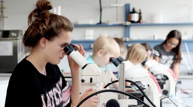 Eine Gruppe von Kindern blicken in Mikroskope