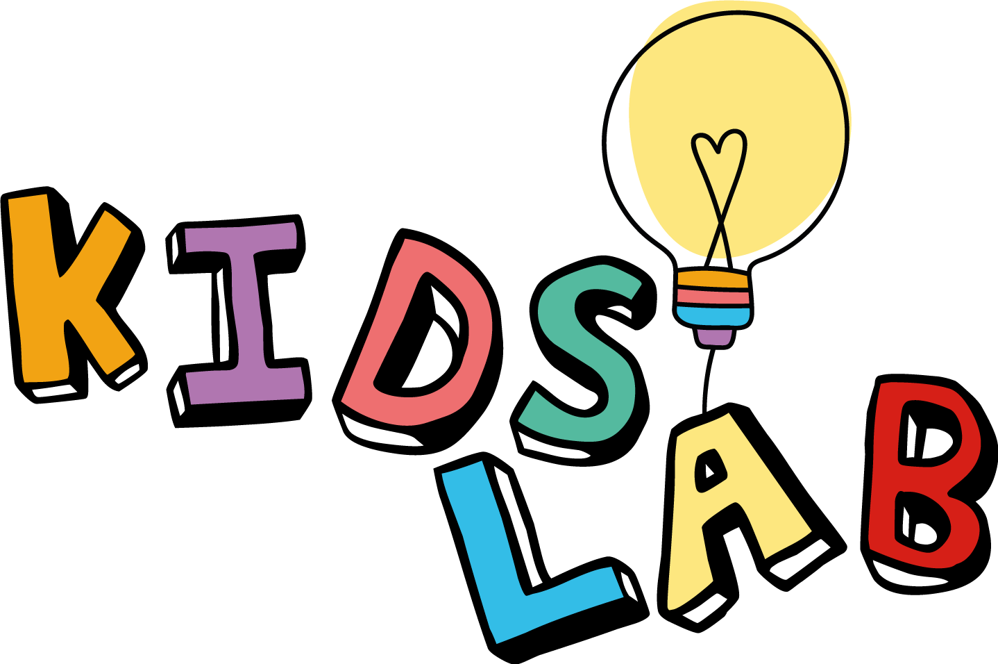 Zeichnung einer Glühbirne mit Herz und dem Schriftzug KIDS LAB