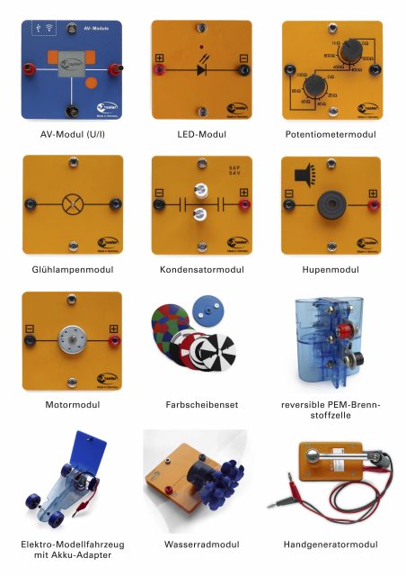 Experimentiermodule zur Elektrotechnik auf weißem Hintergrund.