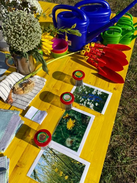 Ein Tisch mit Blumen und verschiedenen Gartenutensilien im Freien.
