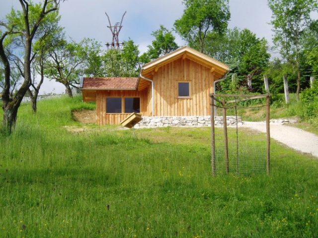 Kleines Holzhaus auf einer grünen Wiese.