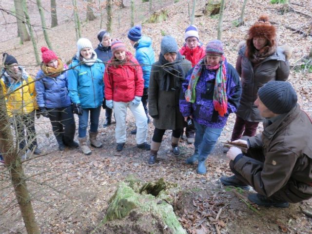 Menschen in Winterkleidung hören im Wald einem Vortrag zu.