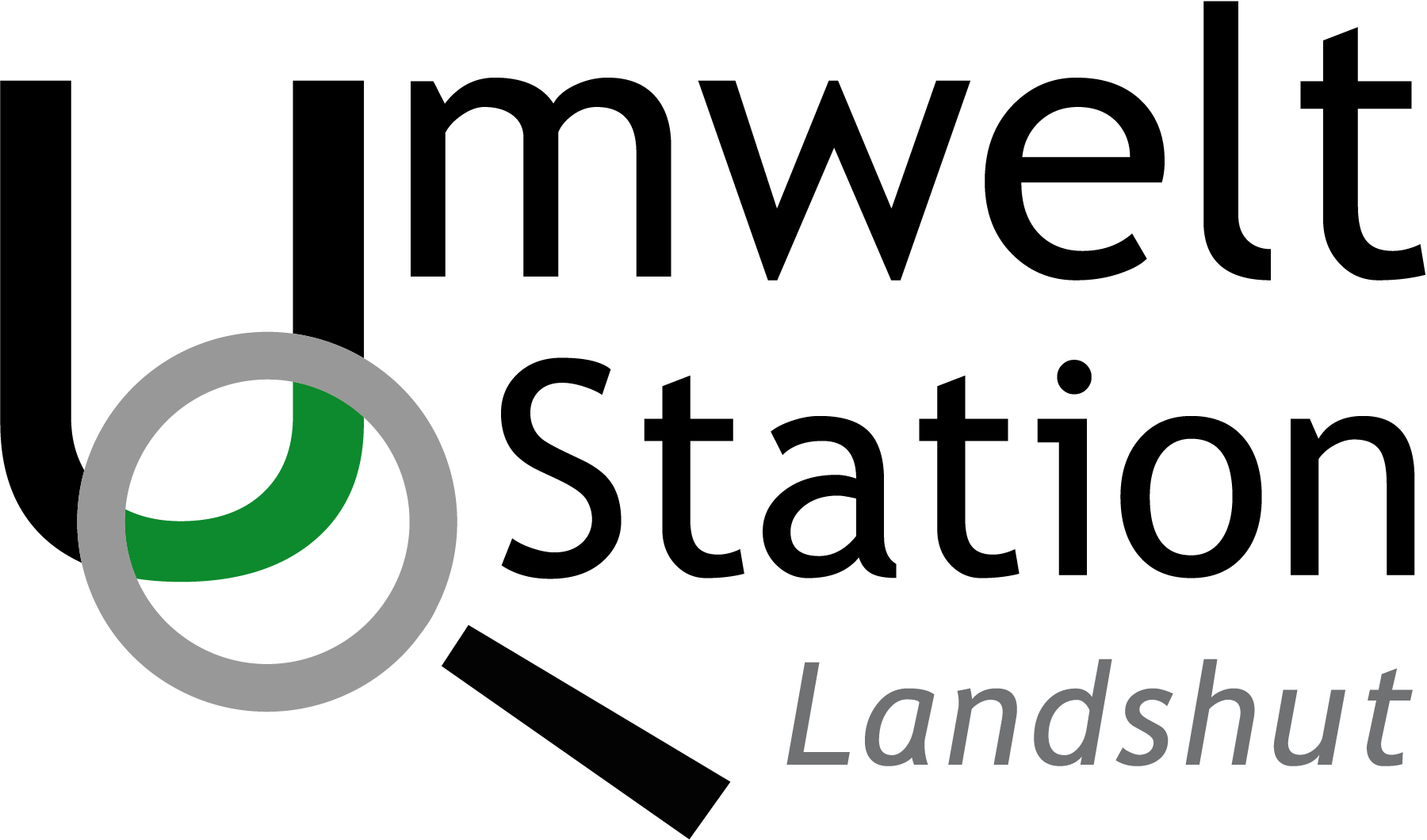 Logo Umweltstation Landshut mit Lupe und grünem Blatt