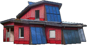 Rotes Haus mit blauen Dächern