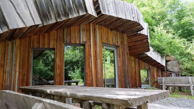 Holzhaus mit Fenstern und Bäumen