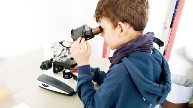 Ein Kind nutzt ein Mikroskop im Labor