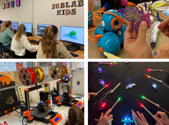 Kinder experimentieren im FabLab mit Technologie und Kreativität.