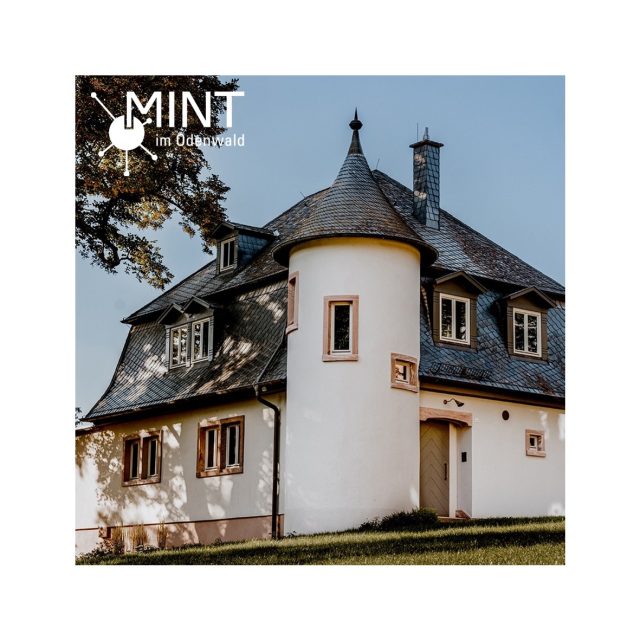 Ein altes Haus mit runden Eckturm in der Natur