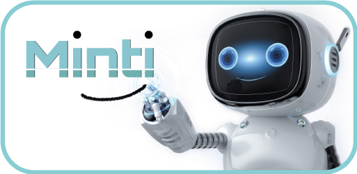 Freundlicher Roboter neben Minti Logo.