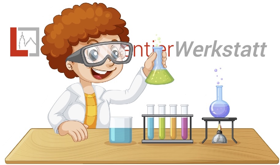 Zeichnung von Jungen, der im Labor mit Reagenzgläsern experimentiert.
