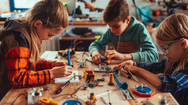 Kinder basteln mit Elektronikbauteilen.