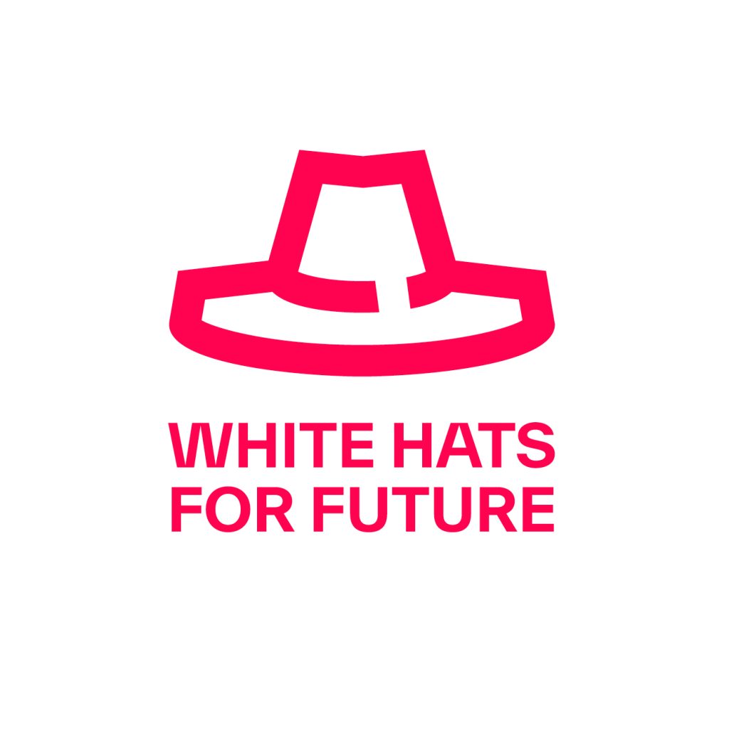 Rosa Hut auf weißem Untergrund. Darunter in rosa Farbe der Text White hats for future