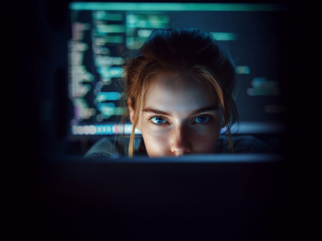 ein Mädchen sitzt vor einem Computerbildschirm. Im Hintergrund ist ein weiterer Computerbildschirm mit einer Datenstruktur zusehen.